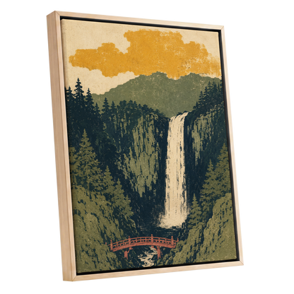 Amber Falls, green, beige, black nature wall art shown as a oak framed canvas wall art