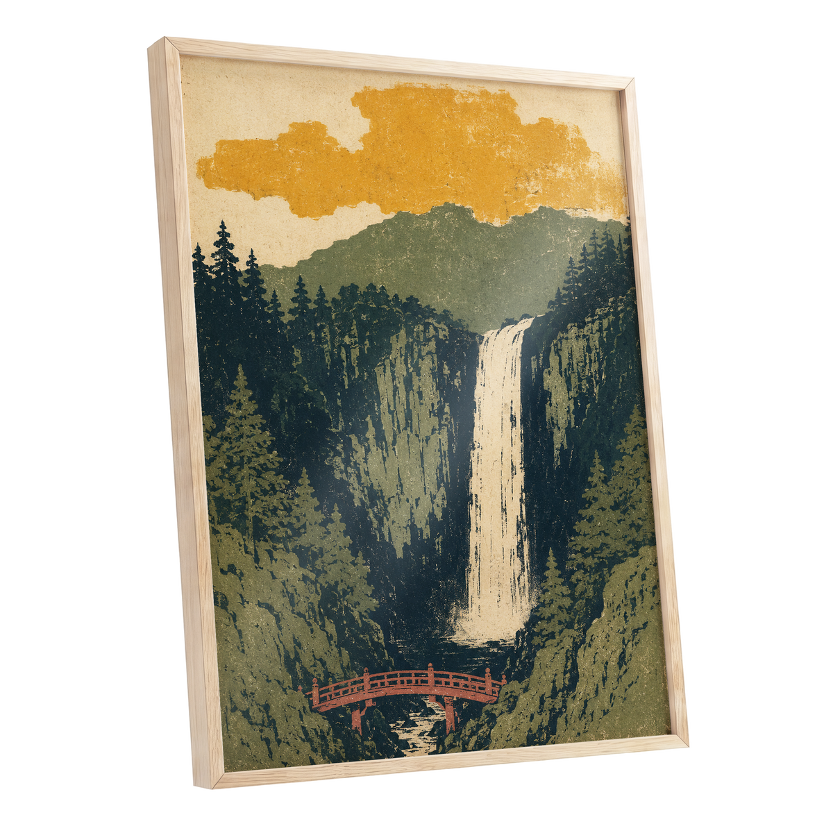 Amber Falls, green, beige, black nature wall art shown as a oak framed poster wall art print