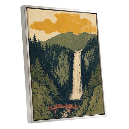 Amber Falls, green, beige, black nature wall art shown as a silver framed canvas wall art