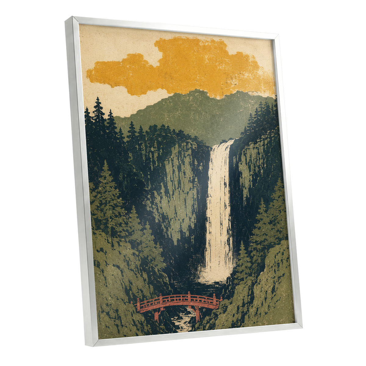 Amber Falls, green, beige, black nature wall art shown as a silver framed poster wall art print
