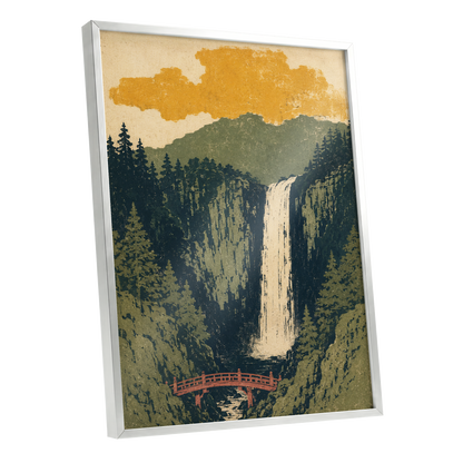 Amber Falls, green, beige, black nature wall art shown as a silver framed poster wall art print