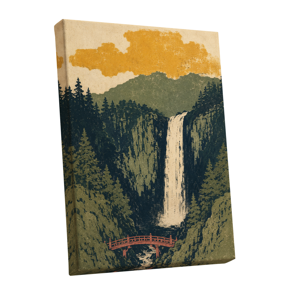Amber Falls, green, beige, black nature wall art shown as a stretched canvas wall art