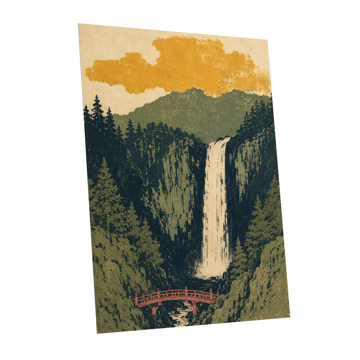 Amber Falls, green, beige, black nature wall art shown as a unframed poster wall art print