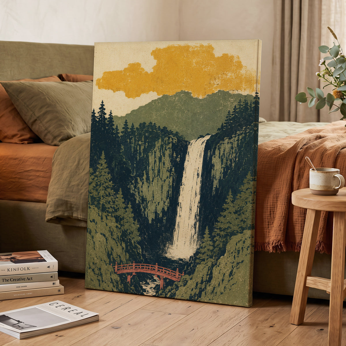 Amber Falls, green, beige, black nature wall art displayed in a styled interior, gallery view 3
