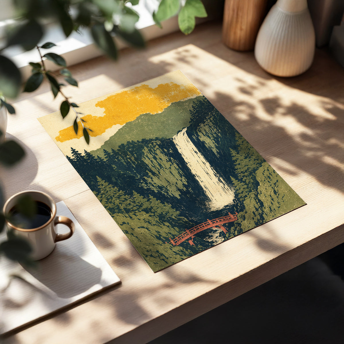 Amber Falls, green, beige, black nature wall art displayed in a styled interior, gallery view 5