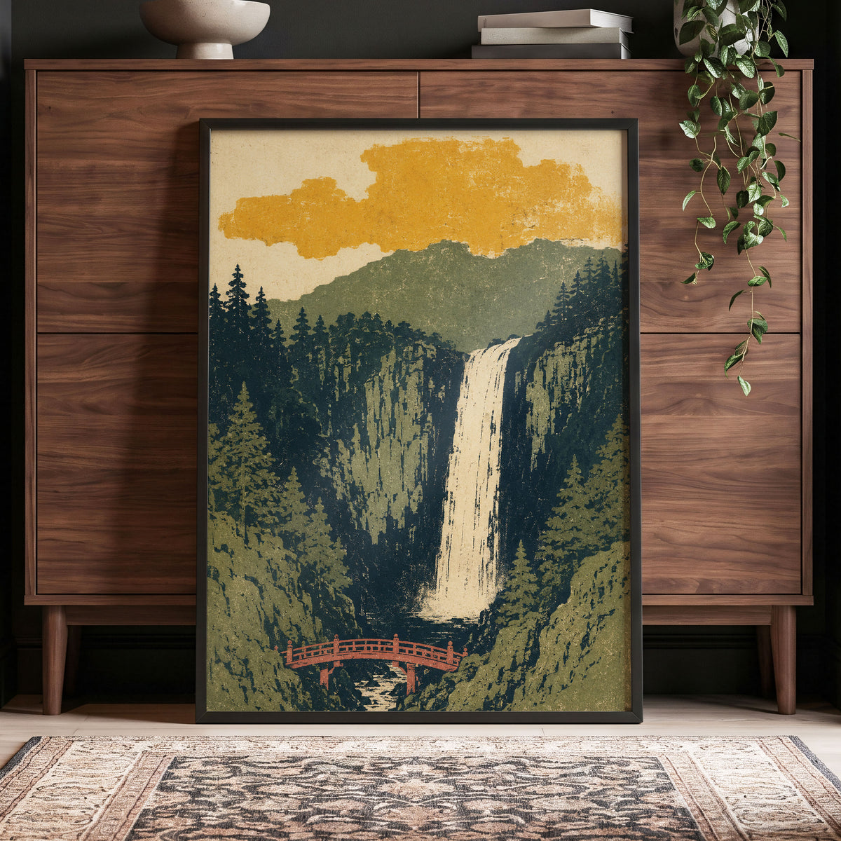 Amber Falls, green, beige, black nature wall art displayed in a styled interior, gallery view 6