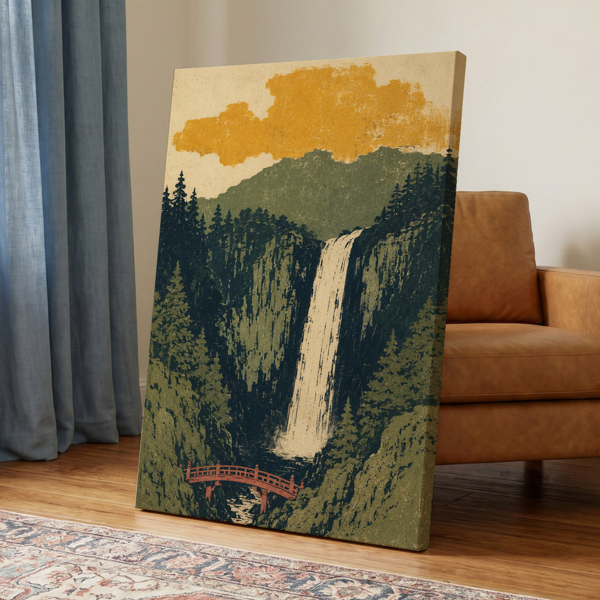 Amber Falls, green, beige, black nature wall art displayed in a styled interior, gallery view 7