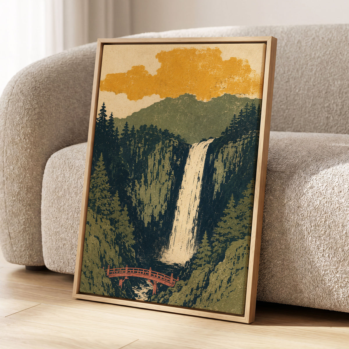 Amber Falls, green, beige, black nature wall art displayed in a styled interior, gallery view 8