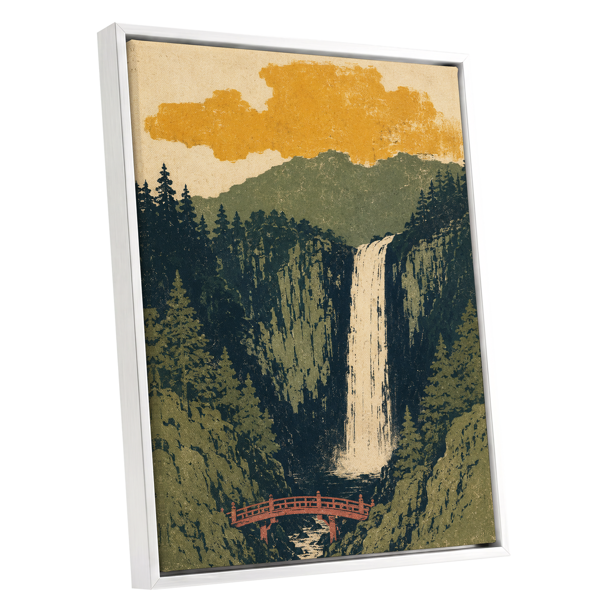 Amber Falls, green, beige, black nature wall art shown as a white framed canvas wall art