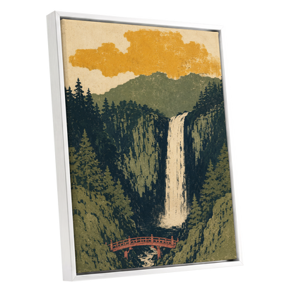 Amber Falls, green, beige, black nature wall art shown as a white framed canvas wall art