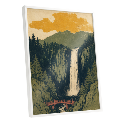 Amber Falls, green, beige, black nature wall art shown as a white framed poster wall art print