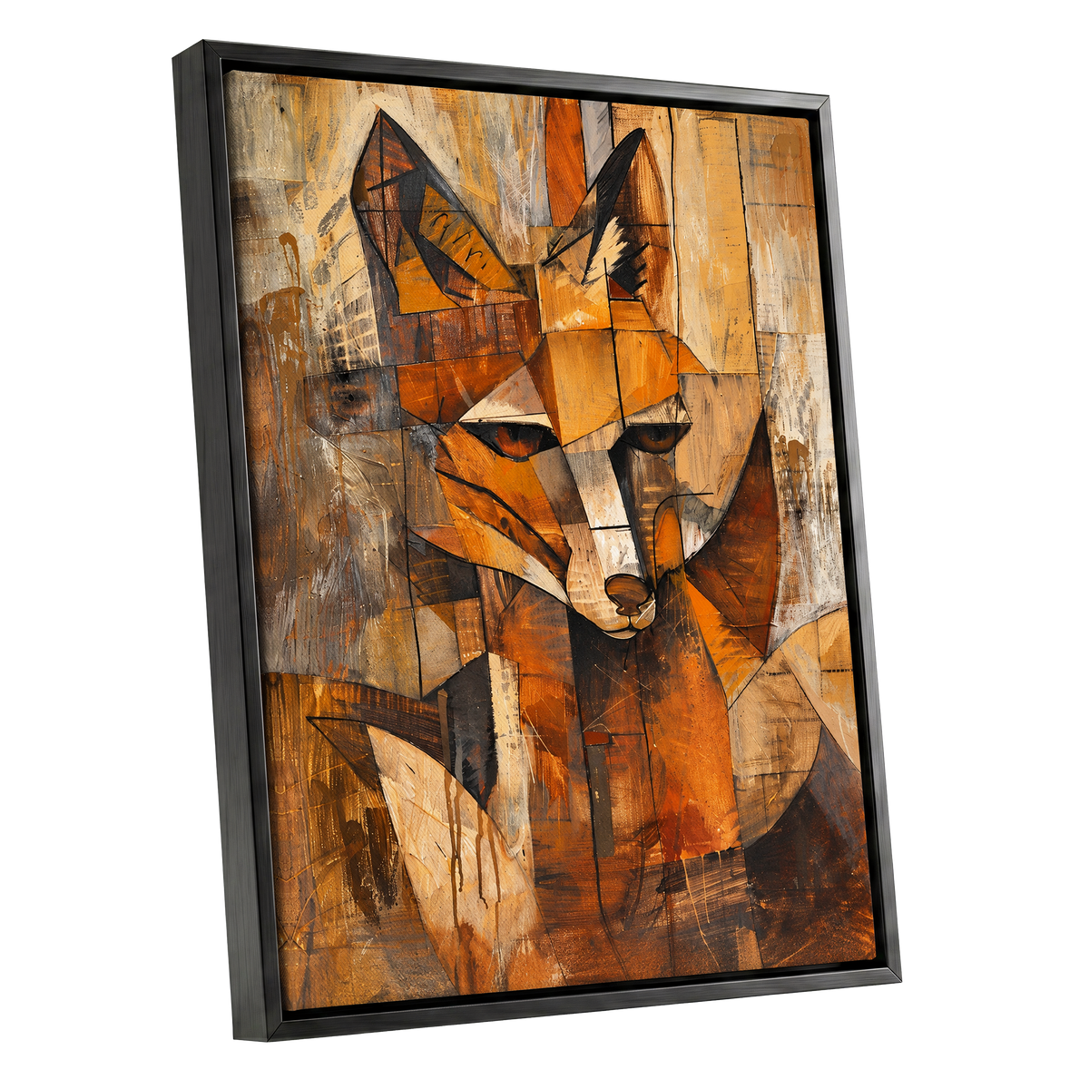 Amber Fox Fragments, orange, brown, beige nature wall art shown as a black framed canvas wall art