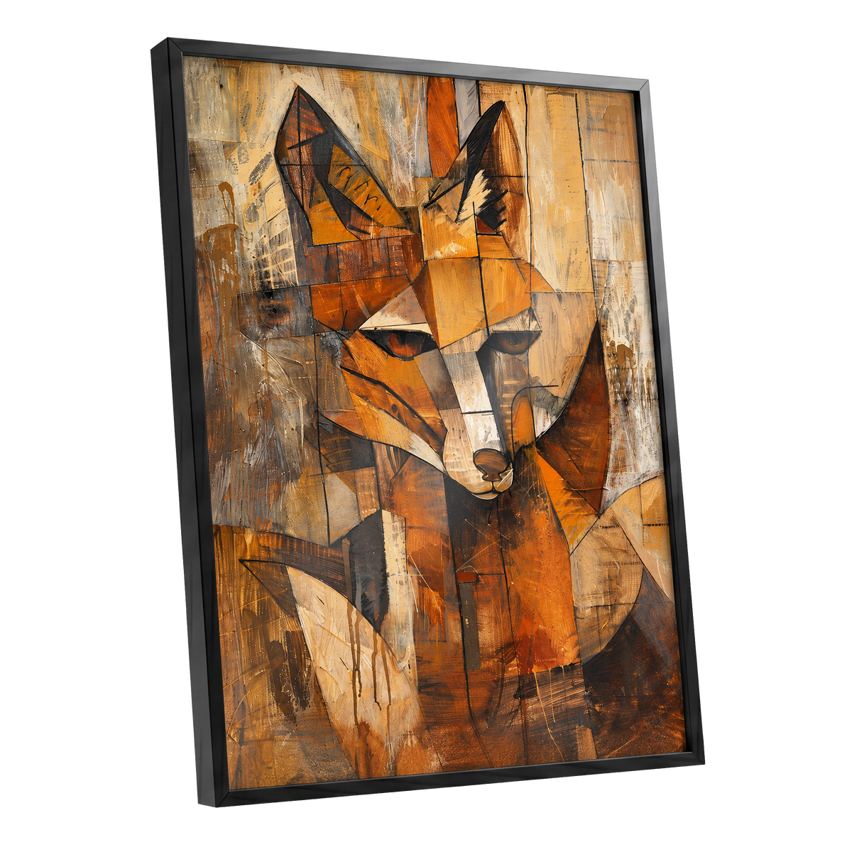 Amber Fox Fragments, orange, brown, beige nature wall art shown as a black framed poster wall art print