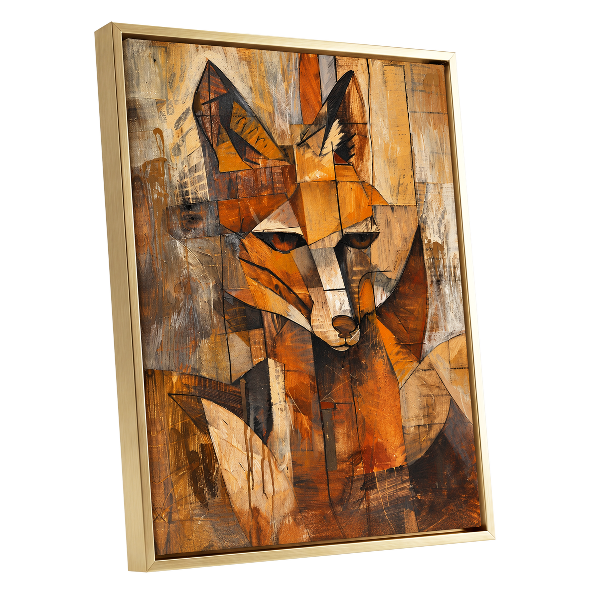 Amber Fox Fragments, orange, brown, beige nature wall art shown as a gold framed canvas wall art
