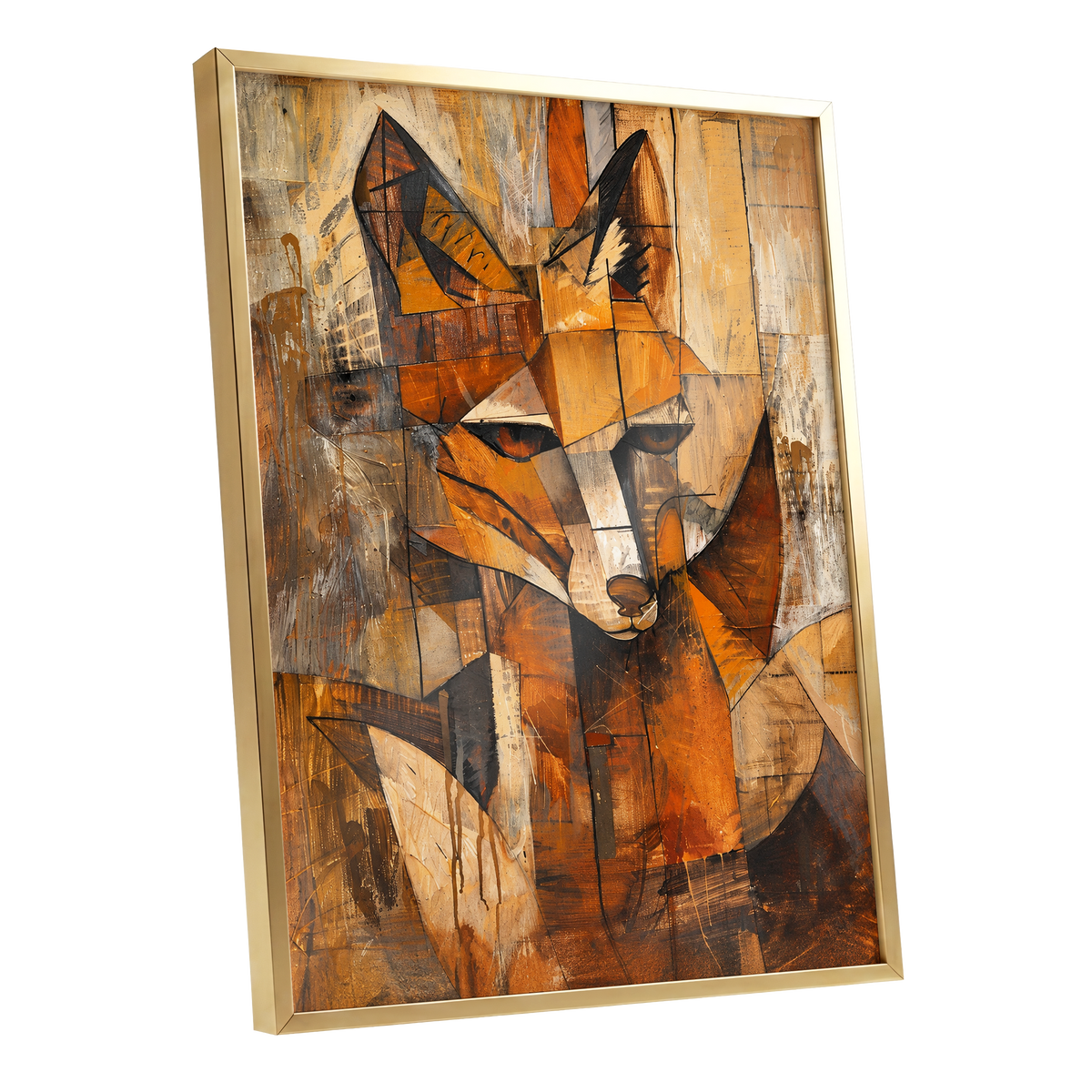 Amber Fox Fragments, orange, brown, beige nature wall art shown as a gold framed poster wall art print