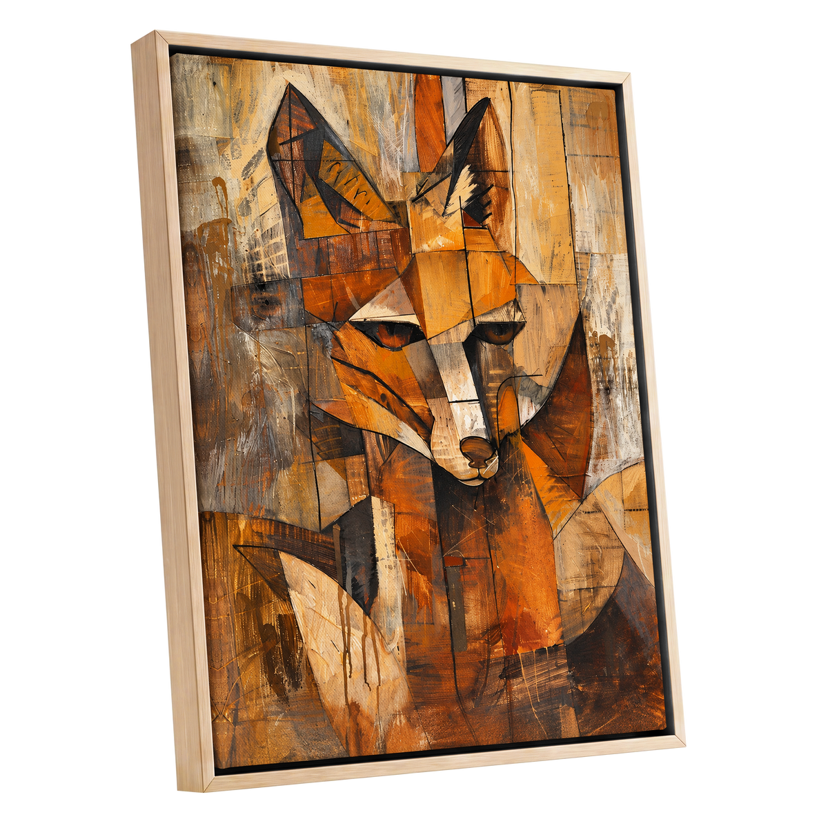 Amber Fox Fragments, orange, brown, beige nature wall art shown as a oak framed canvas wall art