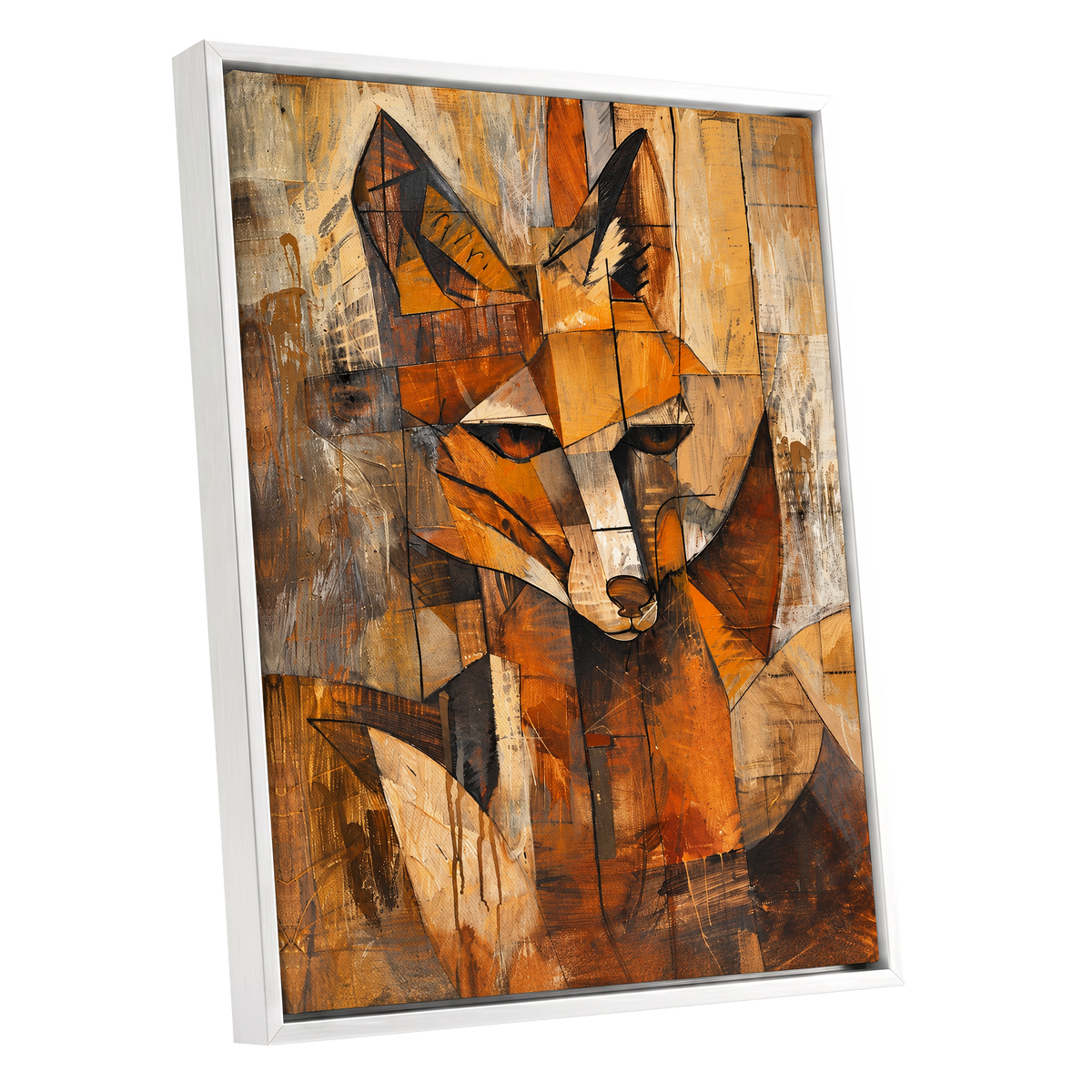 Amber Fox Fragments, orange, brown, beige nature wall art shown as a white framed canvas wall art