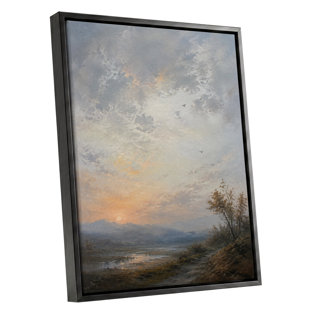 Amber Horizon, gray, blue, brown nature wall art shown as a black framed canvas wall art