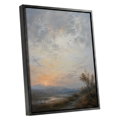 Amber Horizon, gray, blue, brown nature wall art shown as a black framed canvas wall art