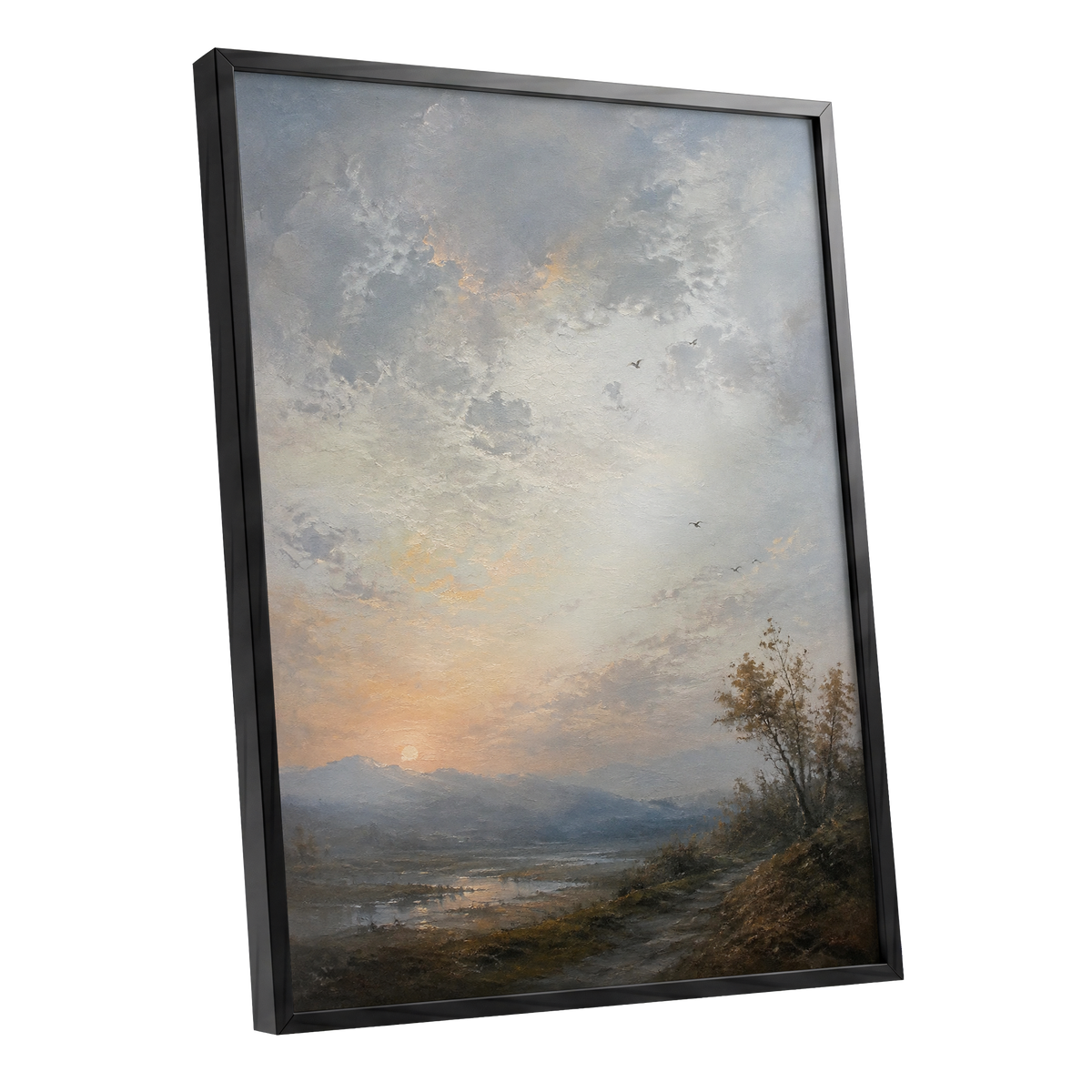 Amber Horizon, gray, blue, brown nature wall art shown as a black framed poster wall art print