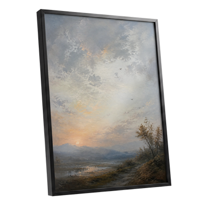 Amber Horizon, gray, blue, brown nature wall art shown as a black framed poster wall art print