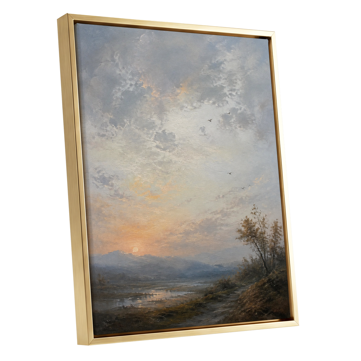 Amber Horizon, gray, blue, brown nature wall art shown as a gold framed canvas wall art
