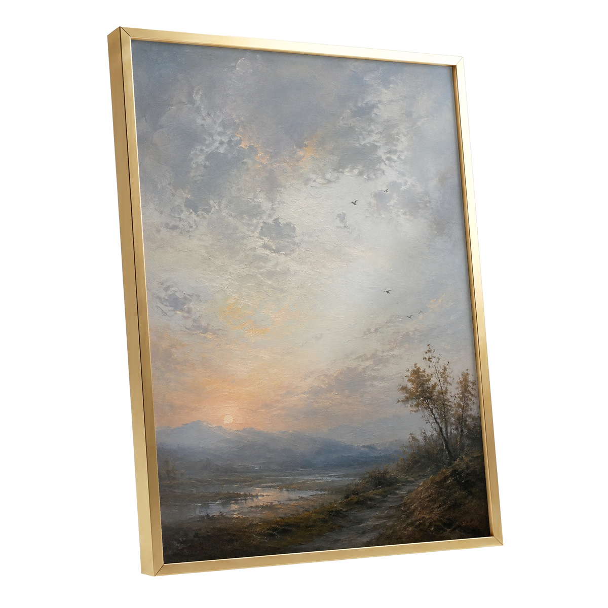 Amber Horizon, gray, blue, brown nature wall art shown as a gold framed poster wall art print