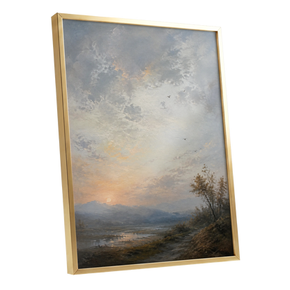 Amber Horizon, gray, blue, brown nature wall art shown as a gold framed poster wall art print