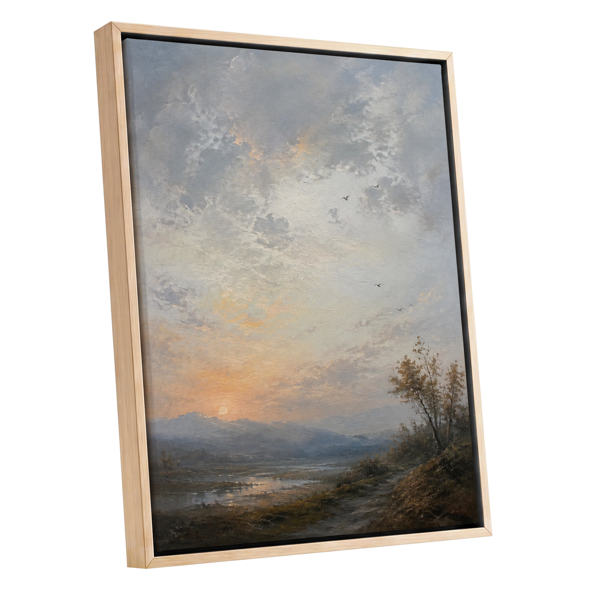 Amber Horizon, gray, blue, brown nature wall art shown as a oak framed canvas wall art