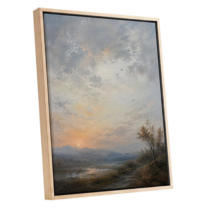 Amber Horizon, gray, blue, brown nature wall art shown as a oak framed canvas wall art