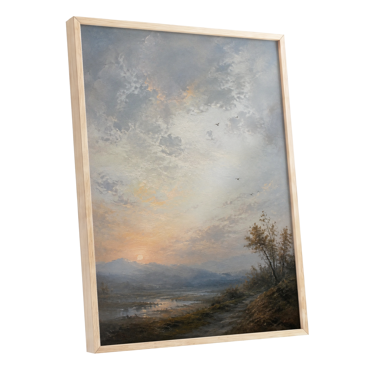 Amber Horizon, gray, blue, brown nature wall art shown as a oak framed poster wall art print