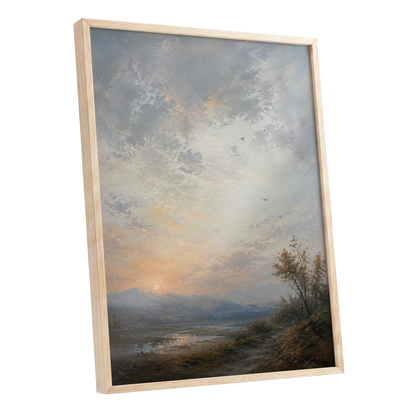 Amber Horizon, gray, blue, brown nature wall art shown as a oak framed poster wall art print