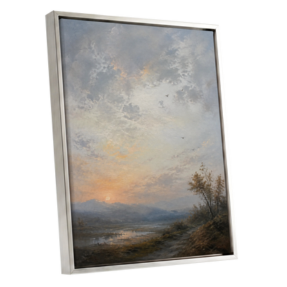 Amber Horizon, gray, blue, brown nature wall art shown as a silver framed canvas wall art