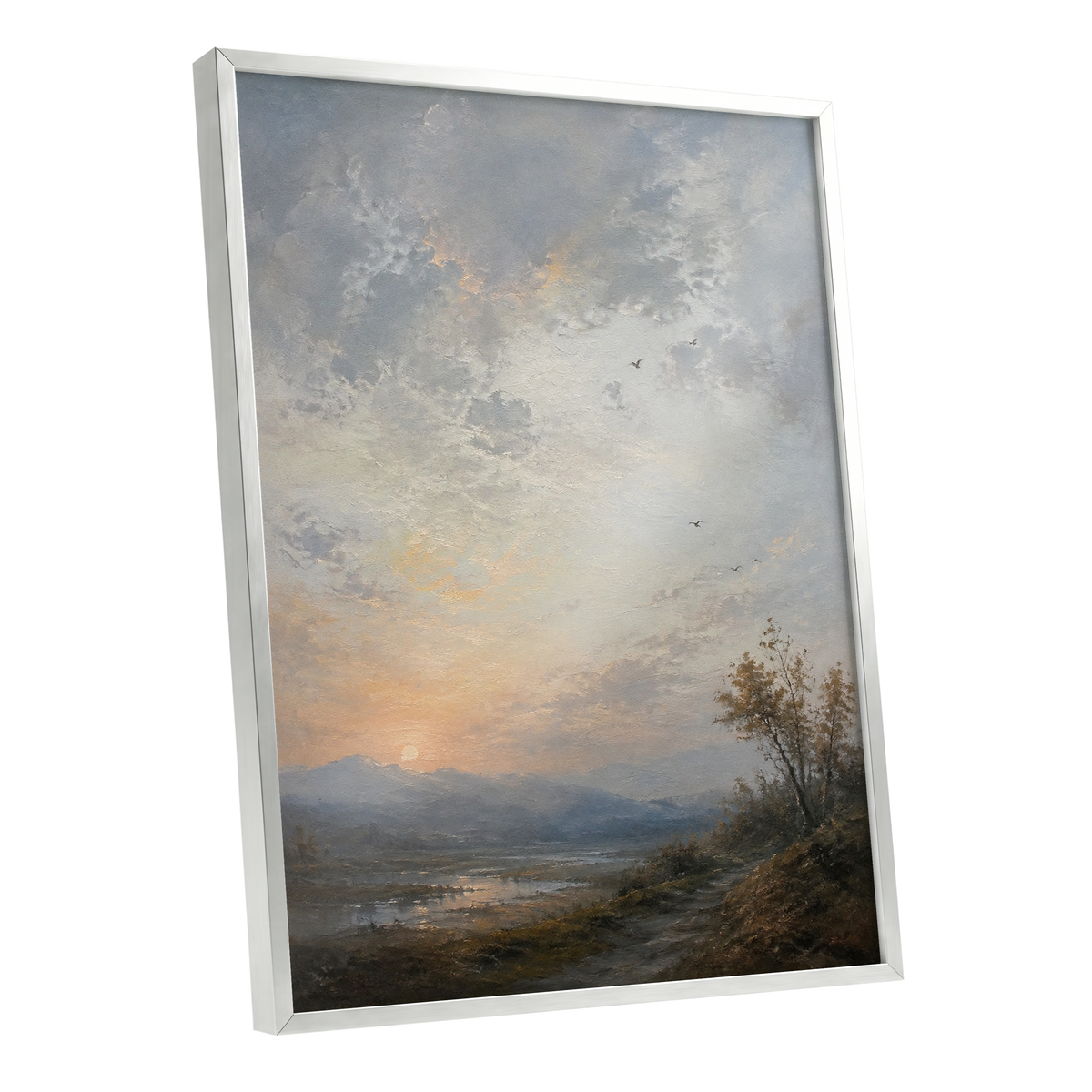 Amber Horizon, gray, blue, brown nature wall art shown as a silver framed poster wall art print