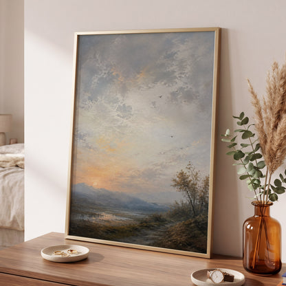 Amber Horizon, gray, blue, brown nature wall art displayed in a styled interior, gallery view 2