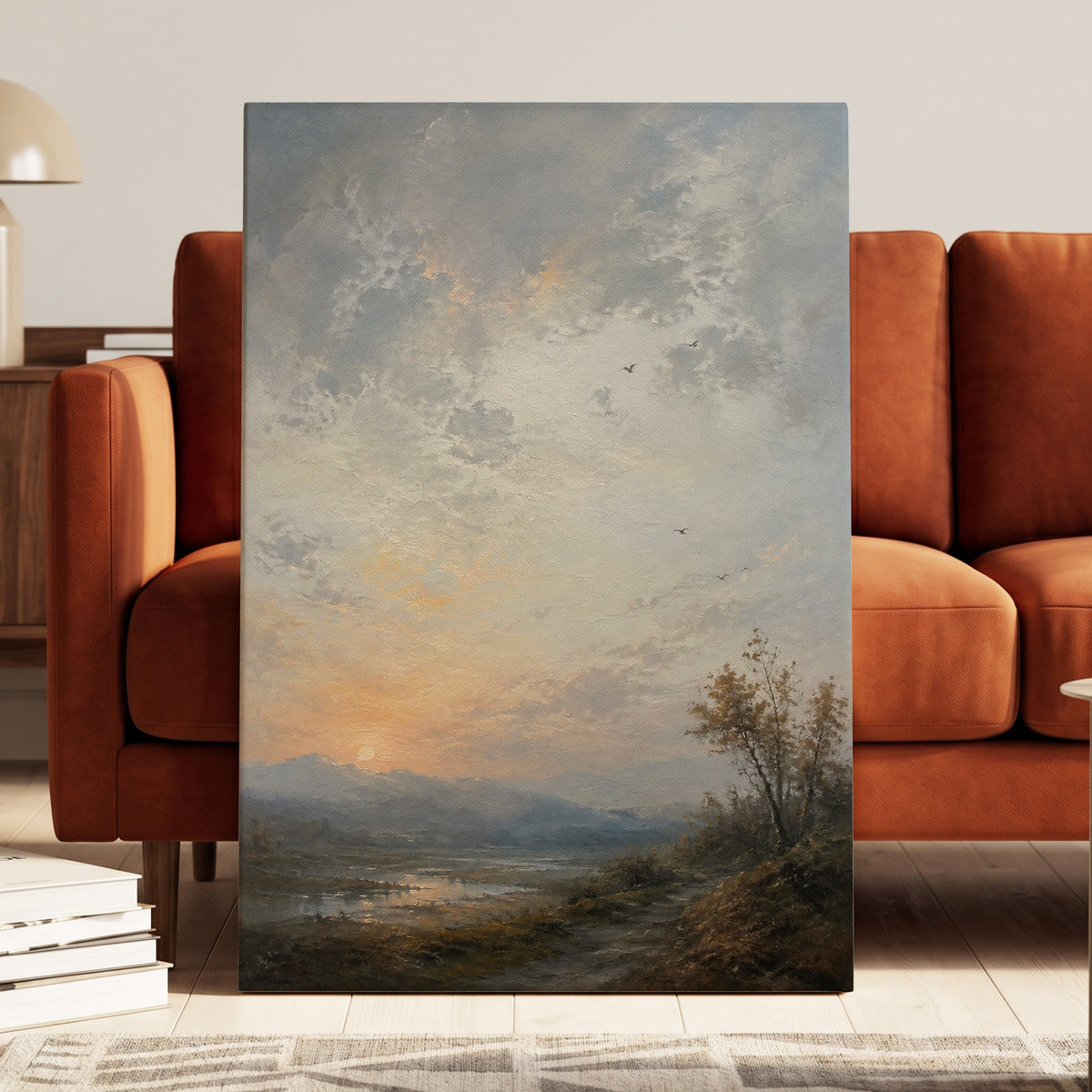 Amber Horizon, gray, blue, brown nature wall art displayed in a styled interior, gallery view 3