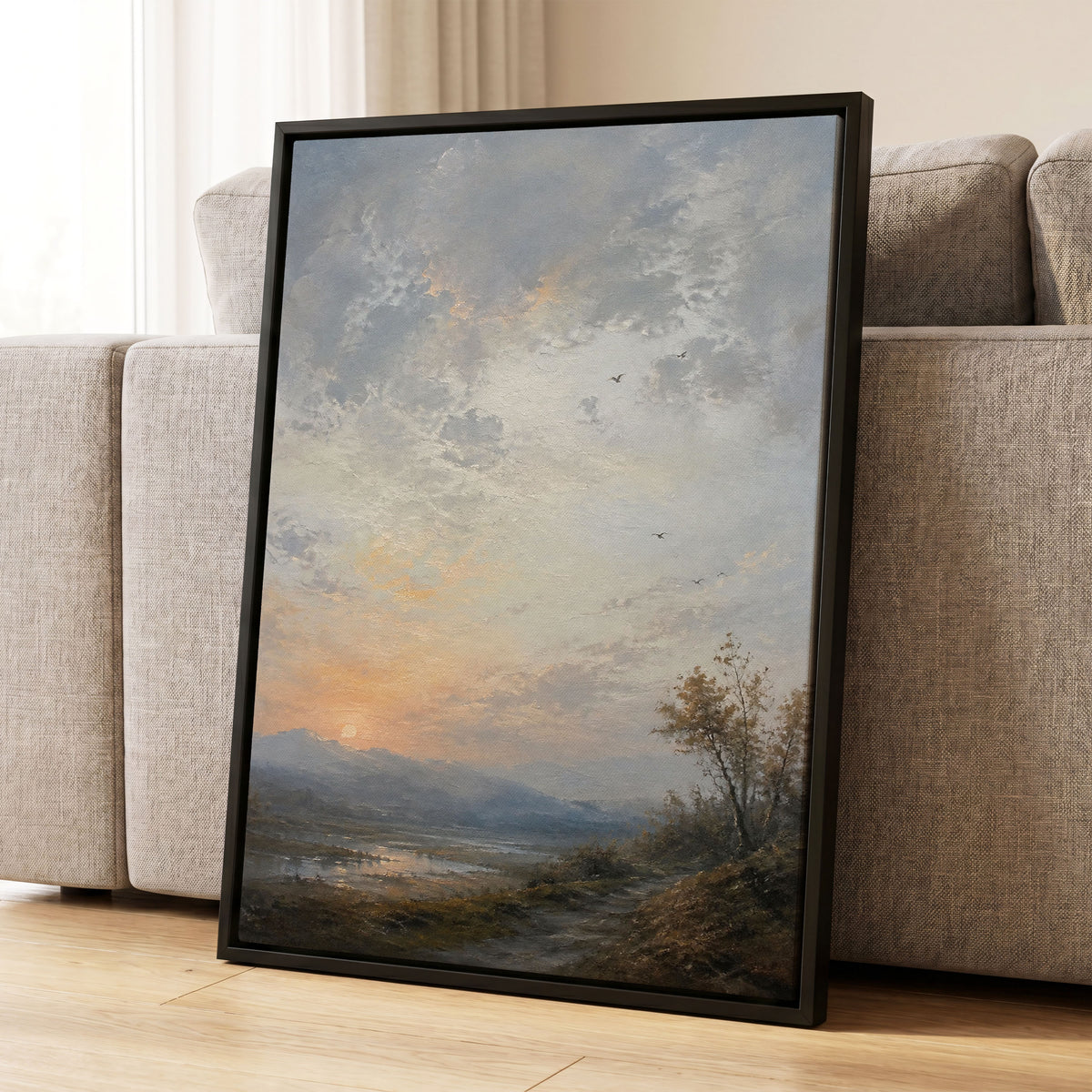 Amber Horizon, gray, blue, brown nature wall art displayed in a styled interior, gallery view 4
