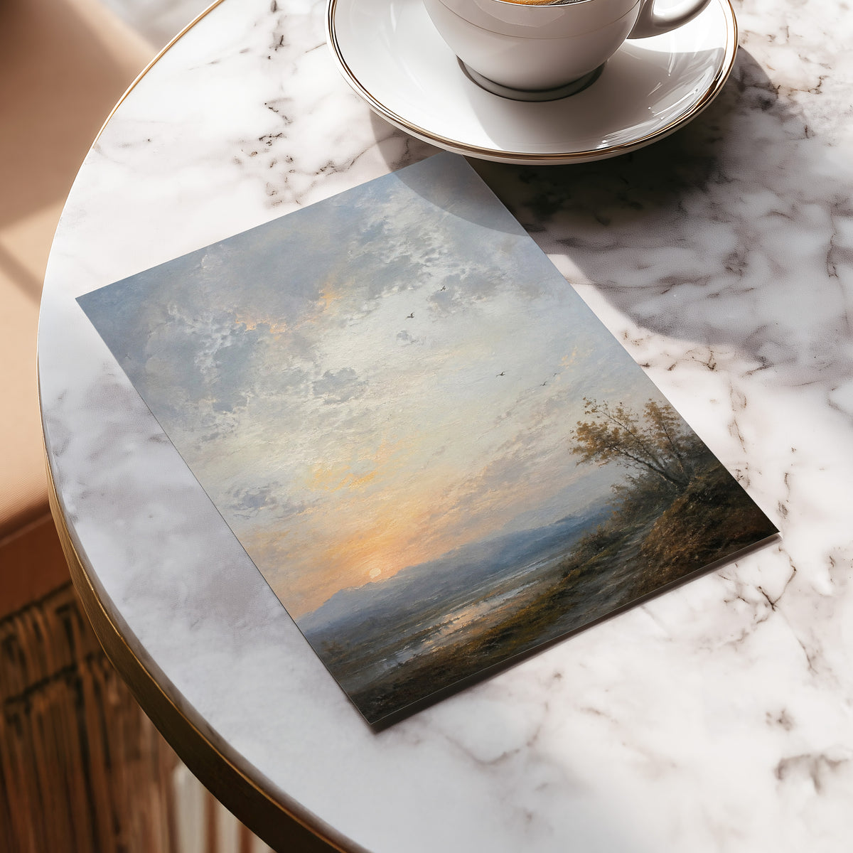 Amber Horizon, gray, blue, brown nature wall art displayed in a styled interior, gallery view 5