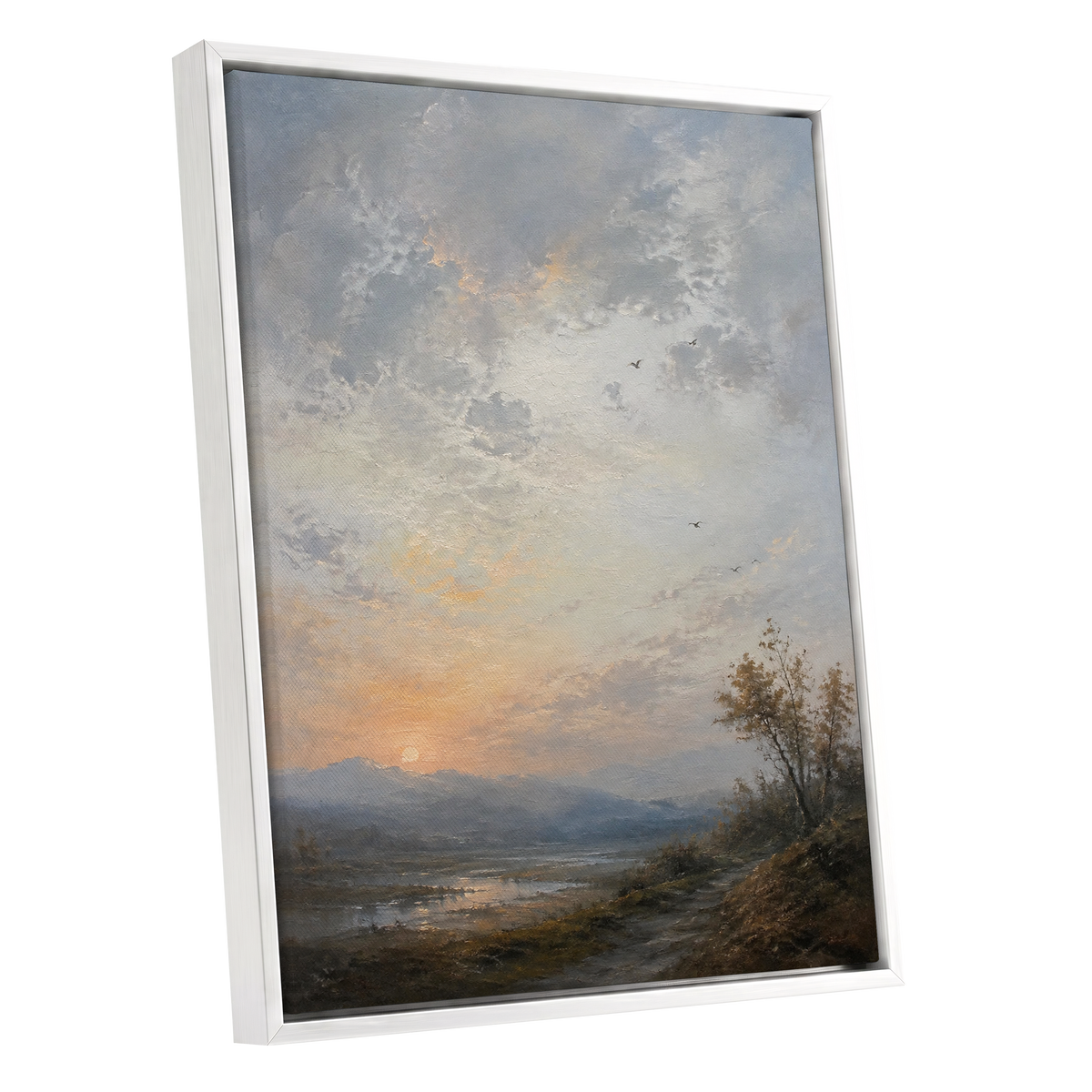 Amber Horizon, gray, blue, brown nature wall art shown as a white framed canvas wall art