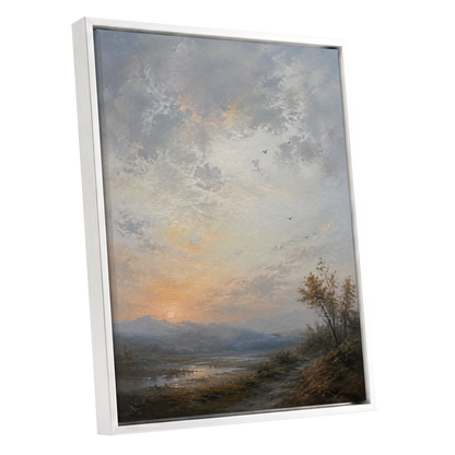 Amber Horizon, gray, blue, brown nature wall art shown as a white framed canvas wall art