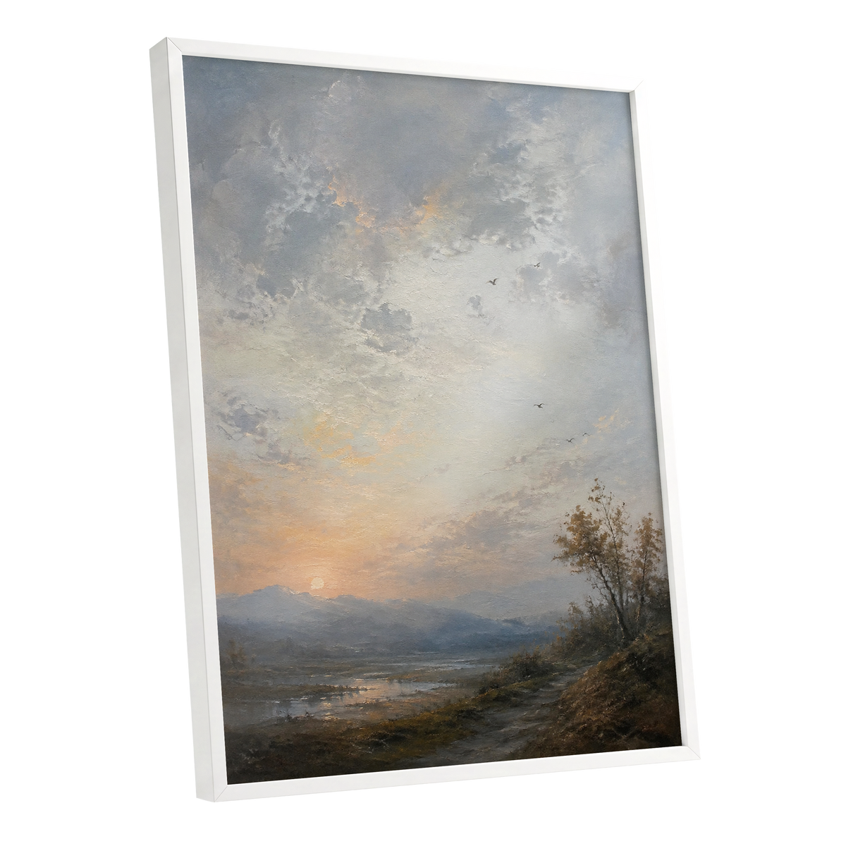 Amber Horizon, gray, blue, brown nature wall art shown as a white framed poster wall art print