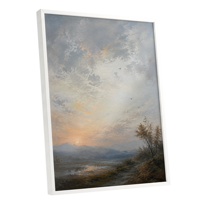Amber Horizon, gray, blue, brown nature wall art shown as a white framed poster wall art print