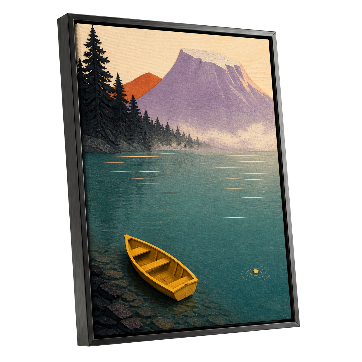 Amber Lake Stillness, green, blue, purple nature wall art shown as a black framed canvas wall art