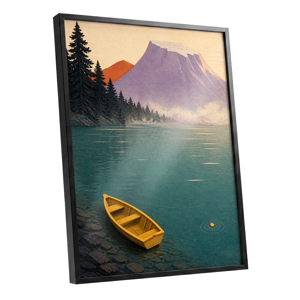 Amber Lake Stillness, green, blue, purple nature wall art shown as a black framed poster wall art print