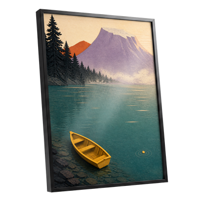 Amber Lake Stillness, green, blue, purple nature wall art shown as a black framed poster wall art print