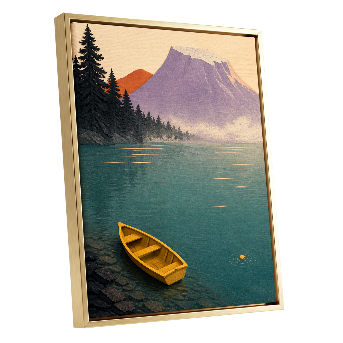 Amber Lake Stillness, green, blue, purple nature wall art shown as a gold framed canvas wall art