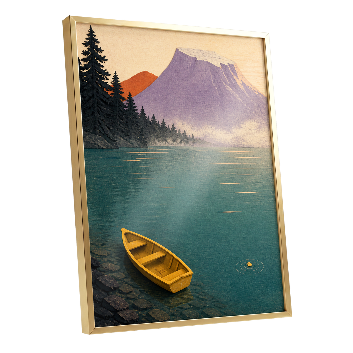 Amber Lake Stillness, green, blue, purple nature wall art shown as a gold framed poster wall art print