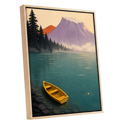 Amber Lake Stillness, green, blue, purple nature wall art shown as a oak framed canvas wall art