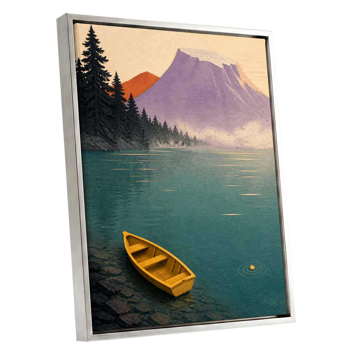 Amber Lake Stillness, green, blue, purple nature wall art shown as a silver framed canvas wall art