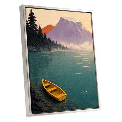 Amber Lake Stillness, green, blue, purple nature wall art shown as a silver framed canvas wall art